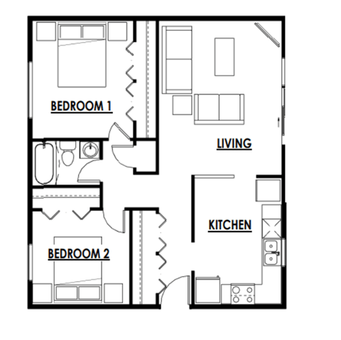 Floor plan for 2 beds, 1 bath, 782 sqft